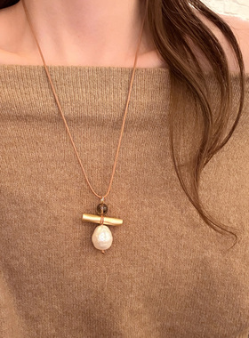 晚枫画报珍珠金属除号毛衣项链