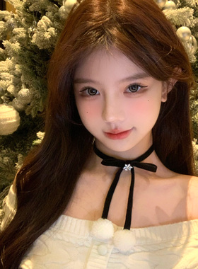 圣诞降临红色蝴蝶结毛球项链