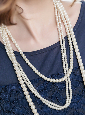 多层长款女复古旗袍珍珠项链双层