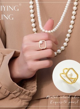 开口可调节珍珠戒指女士气质几何戒子ins风戒指方形镂空简约E015