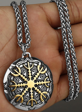 维京奥丁标志指南针钛钢吊坠欧美风男士时尚个性不锈钢吊坠项链