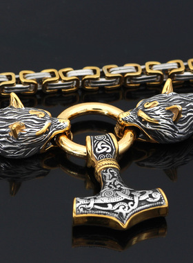 欧美不锈钢方形链条雷神之锤吊坠男士钛钢项链潮维京饰品