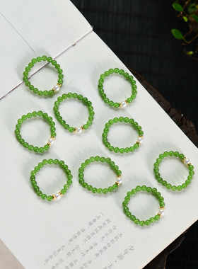 俄罗斯碧玉圆珠戒圈3m苹果绿阳绿色戒指珠串天然玉料男女款小米珠