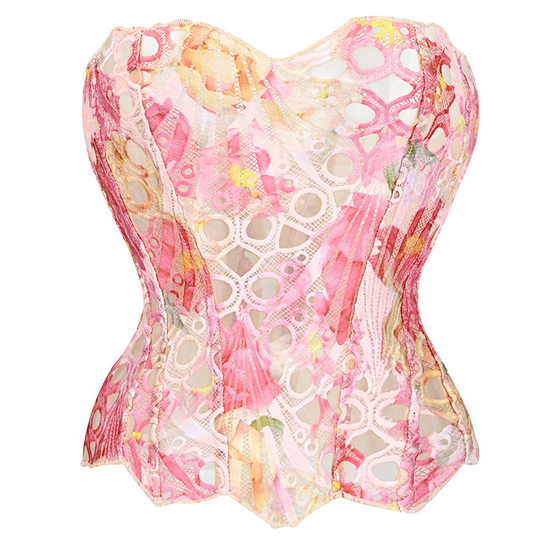 街头欧美法式宫廷风塑身内衣不规则蕾丝鱼骨胸衣网纱拼接印花塑身