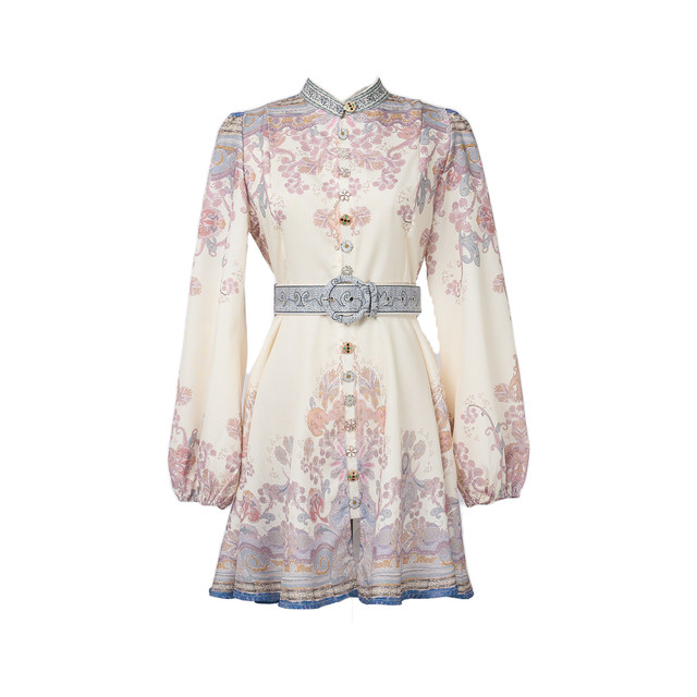 Spot 2025 Australian retro palace style cotton and linen small high collar belt waist super slim long-sleeved short dress