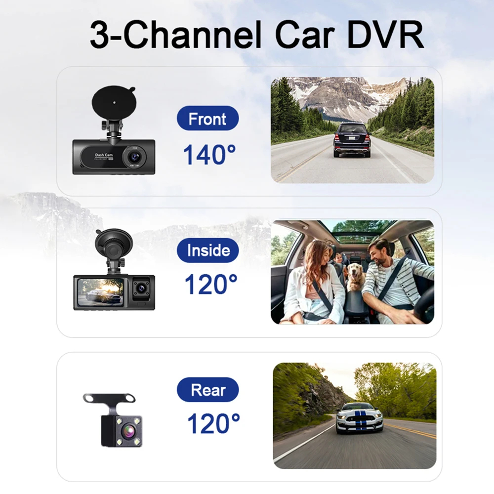 3 Camera Car DVR HD 1080P 3-Lens Vehicle Dash Cam Recorder - 图1