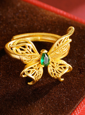 沙金蝴蝶戒指女小众设计轻奢高级感尾戒时尚个性独特指环2025新款