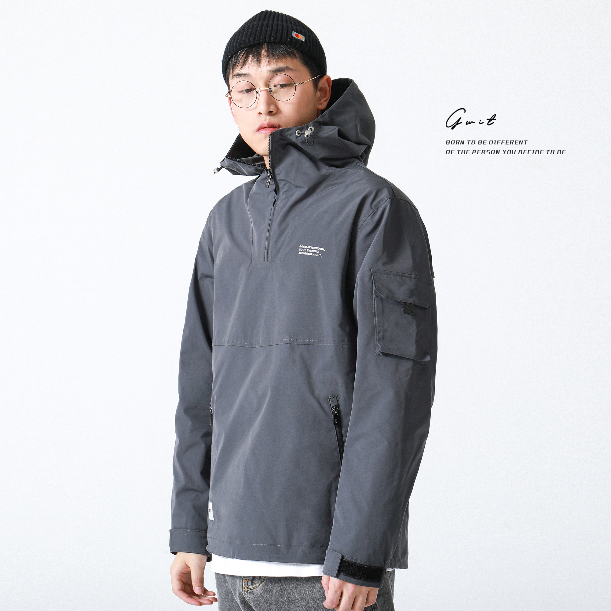 GWIT 春秋新款宽松套头上衣男装潮机能连帽休闲工装夹克外套男 - 图0