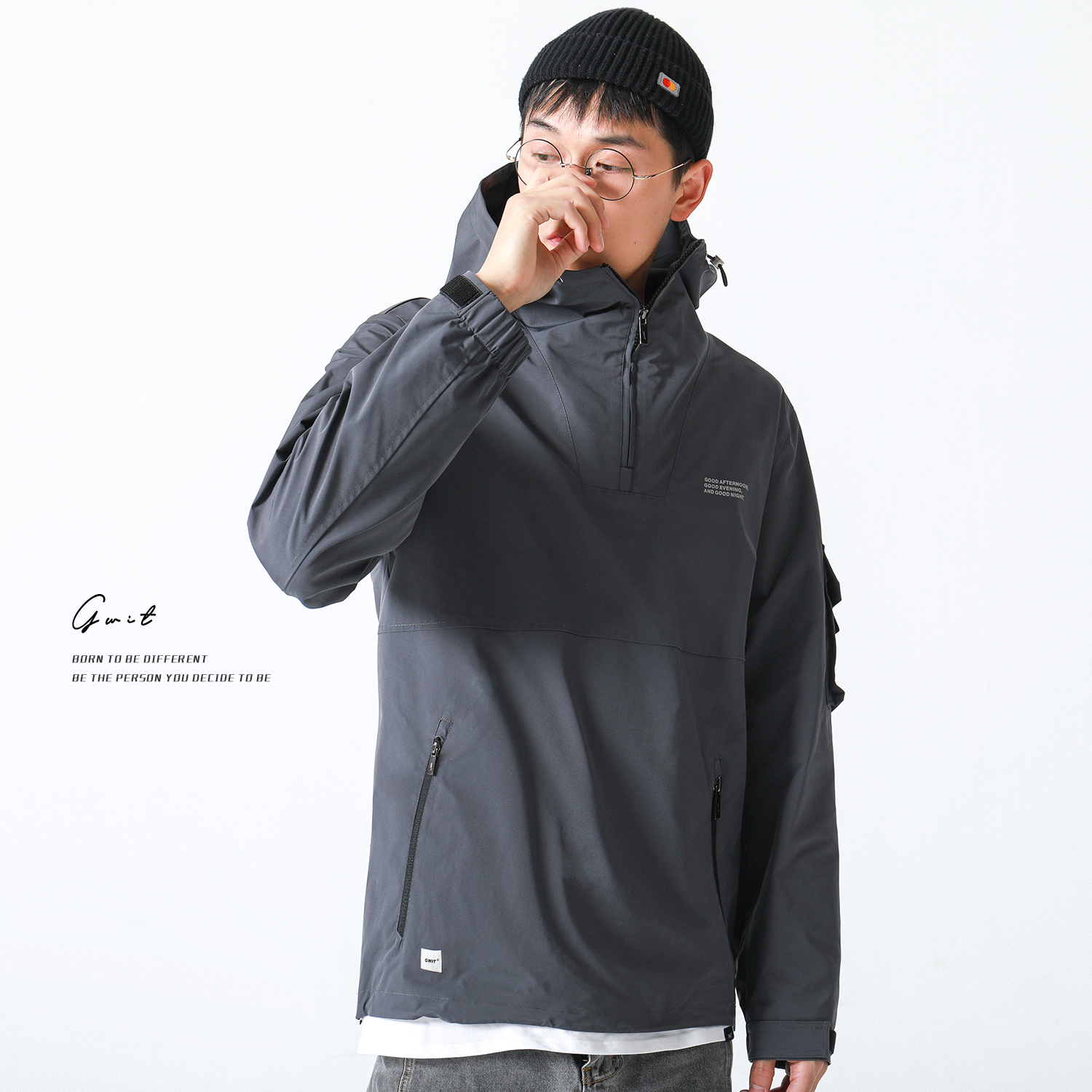 GWIT 春秋新款宽松套头上衣男装潮机能连帽休闲工装夹克外套男 - 图1