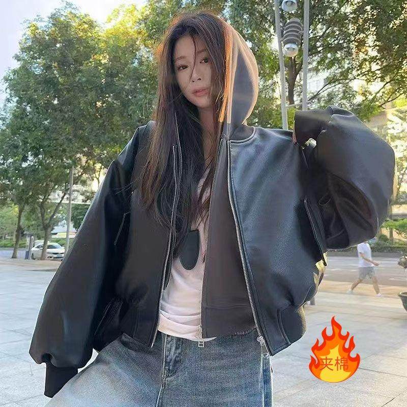 美式高街机车风立领pu皮衣外套女秋冬宽松短款长袖夹克上衣棒球服,淘宝优惠券,粉丝福利购,淘宝优惠卷