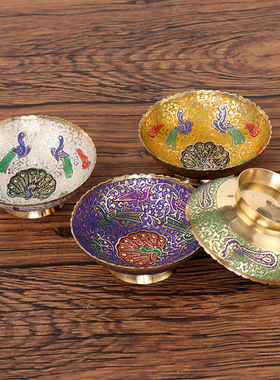 尼泊尔铜合金供果盘七彩孔雀碗