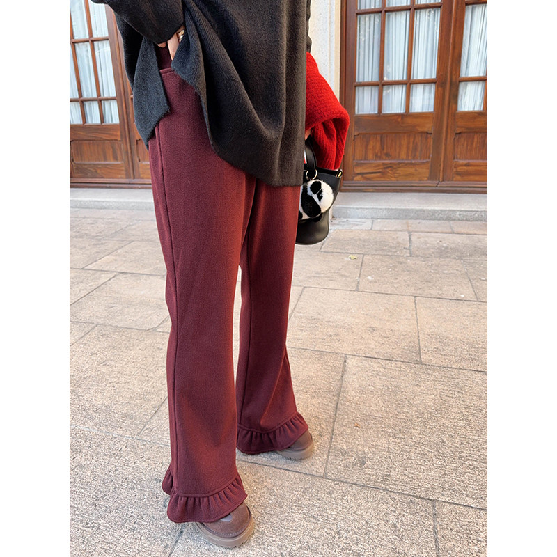 vogana戛纳家大码原创甜美宽松显瘦温暖加厚荷叶边直筒裤显腿长,淘宝优惠券,粉丝福利购,淘宝优惠卷