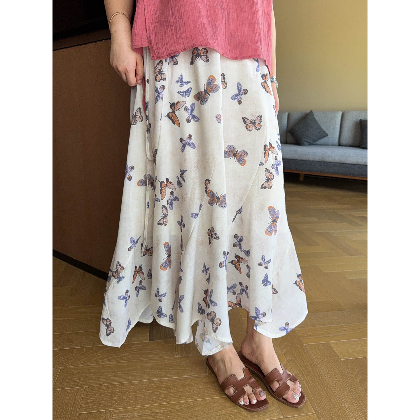 VOGANA戛纳家大码女装玉蝶绮梦夏花蝴蝶高腰不规则下摆A字半身裙,淘宝优惠券,粉丝福利购,淘宝优惠卷