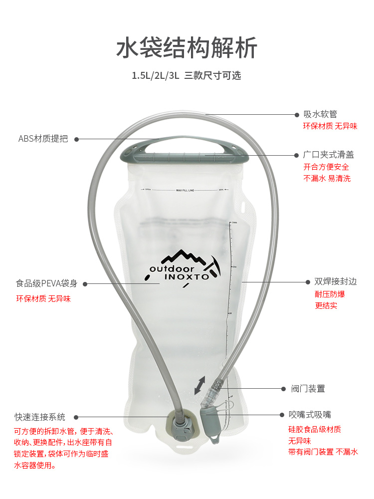 户外饮水袋水囊1.5L/2L/3L骑行跑步登山袋水袋环保食品级喝水袋