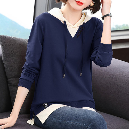 假两件大码卫衣女装春秋新款纯棉妈妈洋气胖mm中长款打底衫上衣服 - 图0