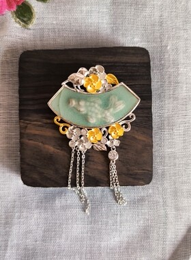 宋代龙泉鱼纹吊坠包925银镀黄金白金项坠胸针二合一