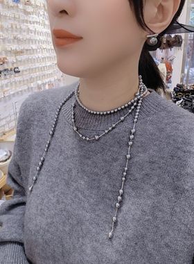 韩范时尚百搭轻奢气质高级感多层灰色珍珠项链锁骨链颈链毛衣链女