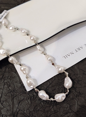 新款时尚百搭灰色异型珍珠项链女毛衣链秋冬轻奢小众高级感锁骨链