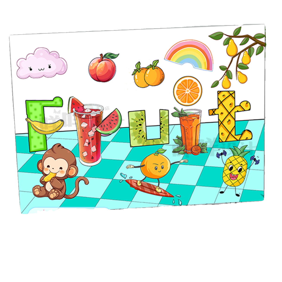 卡通可爱英语单词fruit创意字母绘画涂色描线学生A438K儿童画模板