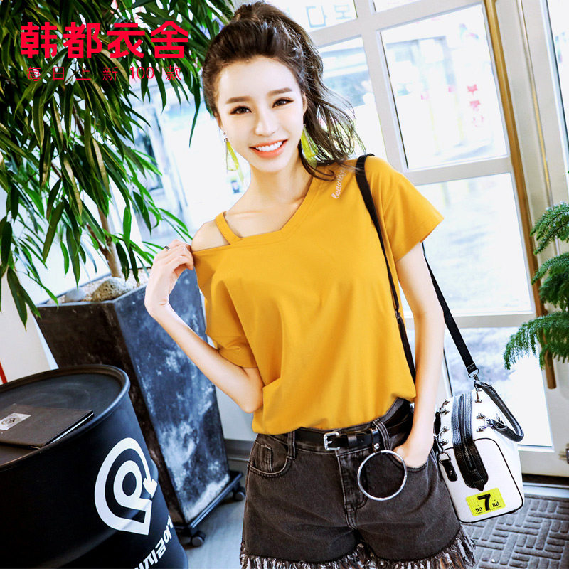 韩都衣舍2021新款夏装v领宽松t恤 韩都衣舍敏丽T恤