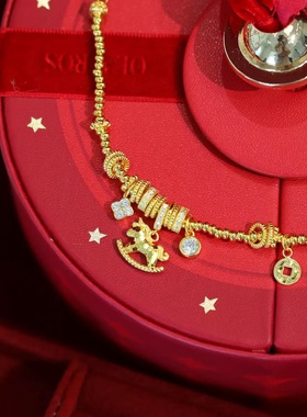 重工款 原创设计纯银碎冰冰马上有钱手链18k金轻奢本命年马年新款