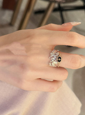 回馈款日系设计感镂空蕾丝羽毛镶钻开口戒指s925银镀金礼物女精致