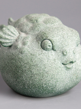 逗兽记河豚青砂石中式桌面摆件