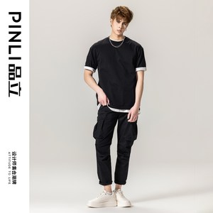 【福利款】PINLI品立夏季新款男士圆领落肩纯色短袖T恤打底衫