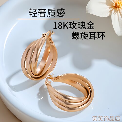 18K金螺旋扭曲耳环女轻奢高级感简约大气钛钢小圆圈耳饰品防过敏 - 图2