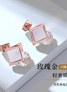 欧美时尚几何黑白红方形夹钻耳钉