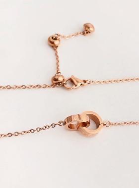 钛钢镀玫瑰金罗马数字双环项链