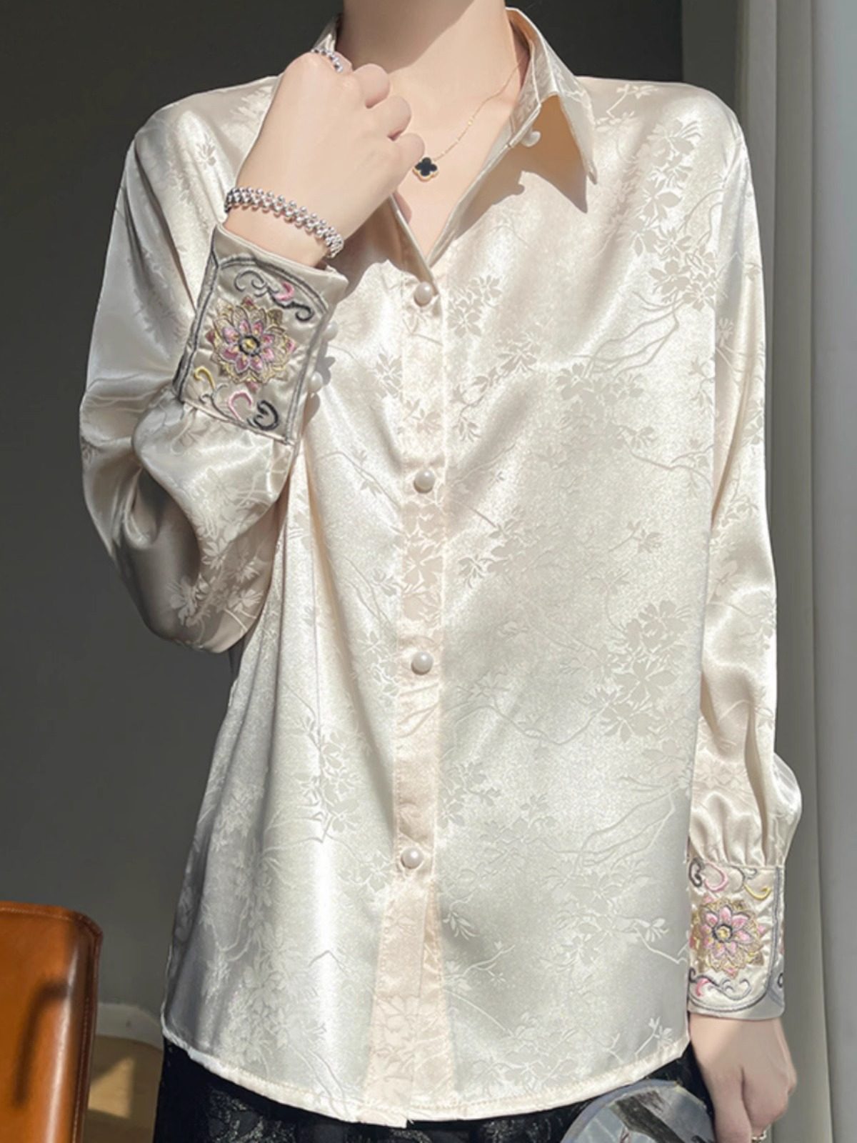 新中式醋酸缎面提花衬衫女2025春季新款复古国风唐装上衣长袖衬衣,淘宝优惠券,粉丝福利购,淘宝优惠卷
