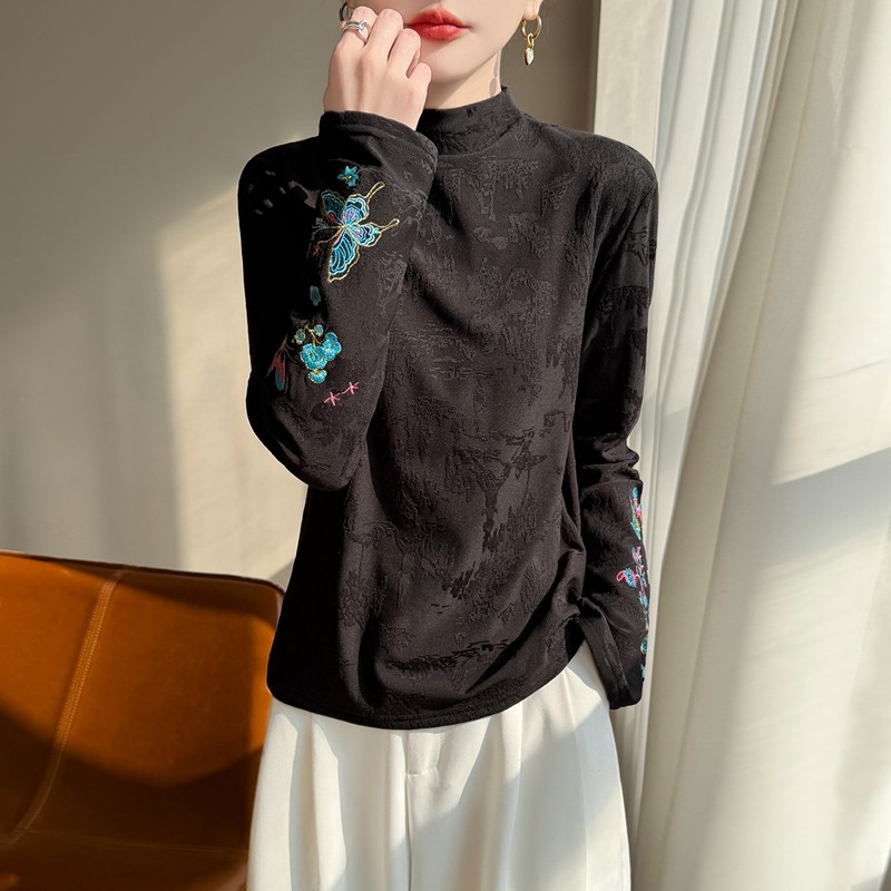 新中式刺绣长袖上衣女半高领提花高级感气质打底衫秋冬款加绒加厚,淘宝优惠券,粉丝福利购,淘宝优惠卷