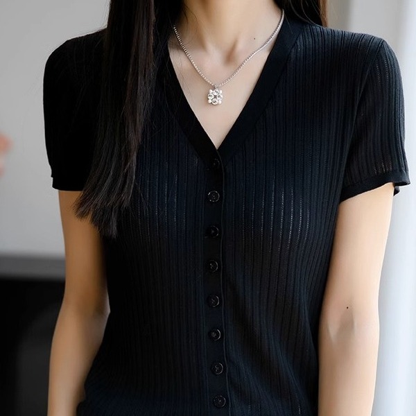 法式冰丝针织短袖开衫T恤女2025夏轻薄透气V领显瘦小衫上衣t恤新 - 图3