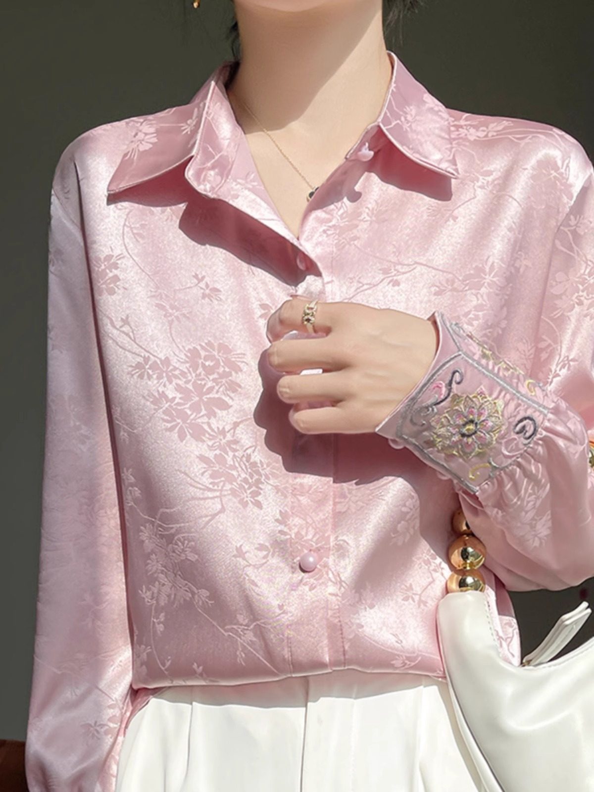 新中式醋酸缎面提花衬衫女2025春季新款复古国风唐装上衣长袖衬衣,淘宝优惠券,粉丝福利购,淘宝优惠卷