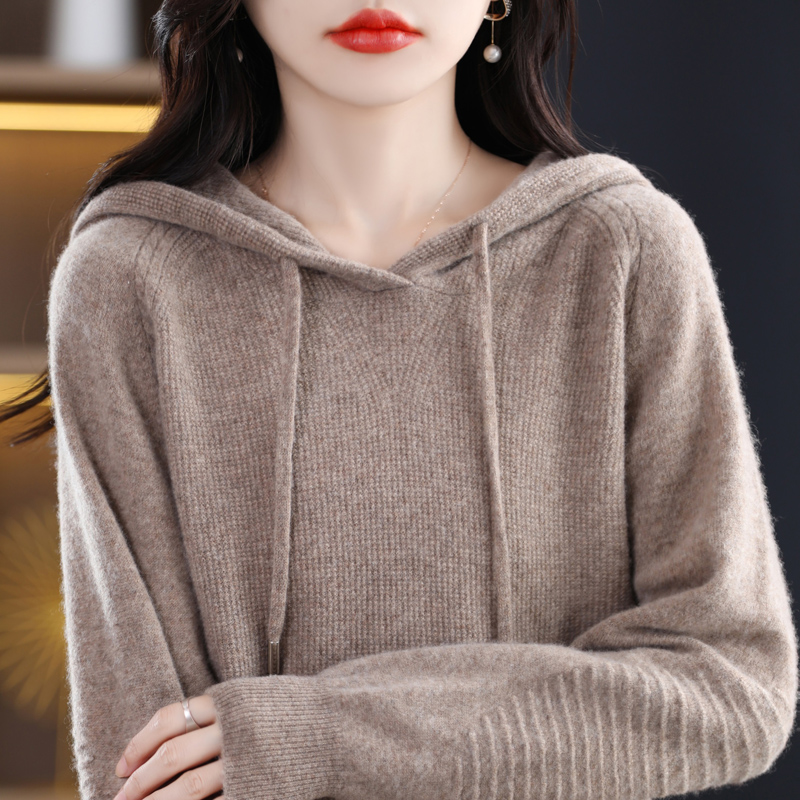 连帽毛衣女秋季长袖带帽卫衣外套宽松慵懒羊毛针织帽衫打底上衣女 - 图0