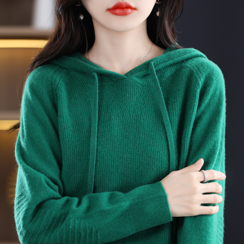 连帽毛衣女秋季长袖带帽卫衣外套宽松慵懒羊毛针织帽衫打底上衣女 - 图2