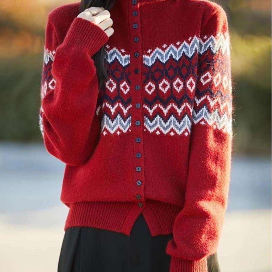 新年毛衣费尔岛提花纽扣针织开衫女2025新款加厚保暖打底毛衫上衣,淘宝优惠券,粉丝福利购,淘宝优惠卷