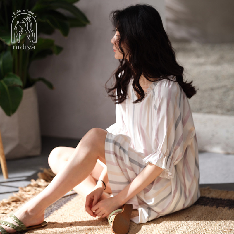 妮狄娅条纹夏季纯棉甜美私房睡裙 妮狄娅服饰睡裙