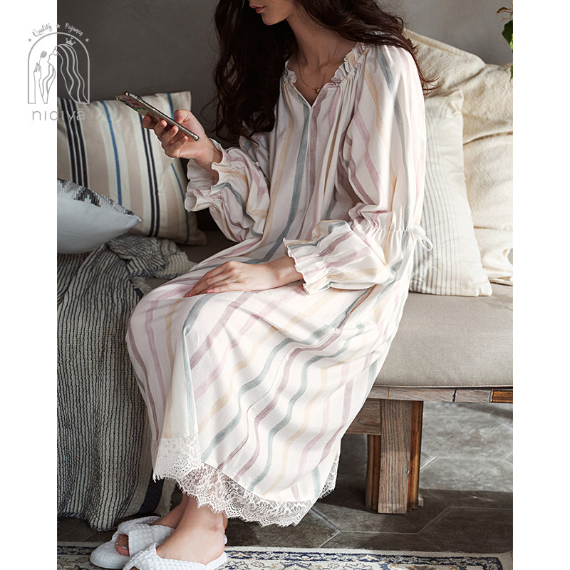 妮狄娅春秋长袖纯棉私房中长款睡裙 妮狄娅服饰睡裙