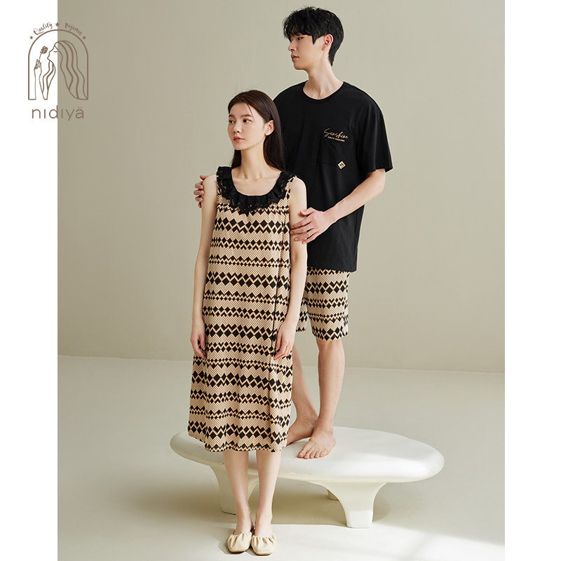 妮狄娅夏季情侣睡衣女纯棉带胸垫背心睡裙男休闲可外穿家居服套装,淘宝优惠券,粉丝福利购,淘宝优惠卷