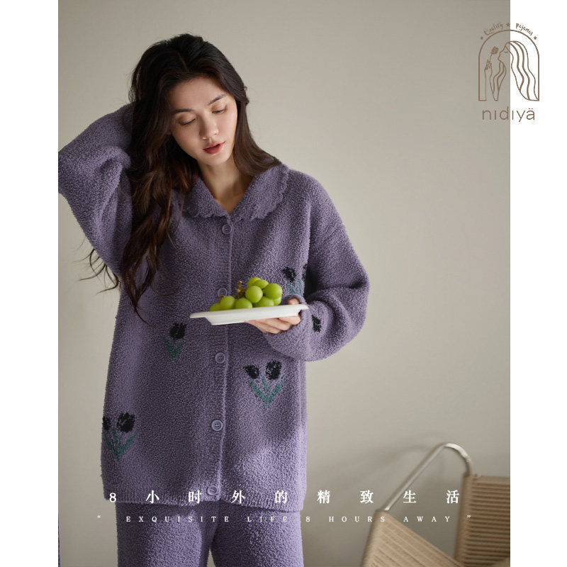 妮狄娅睡衣女秋冬保暖软绵绵甜美开衫款半边绒时尚紫色家居服套装,淘宝优惠券,粉丝福利购,淘宝优惠卷