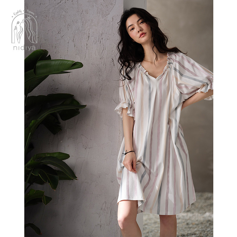 妮狄娅条纹夏季纯棉甜美私房睡裙 妮狄娅服饰睡裙