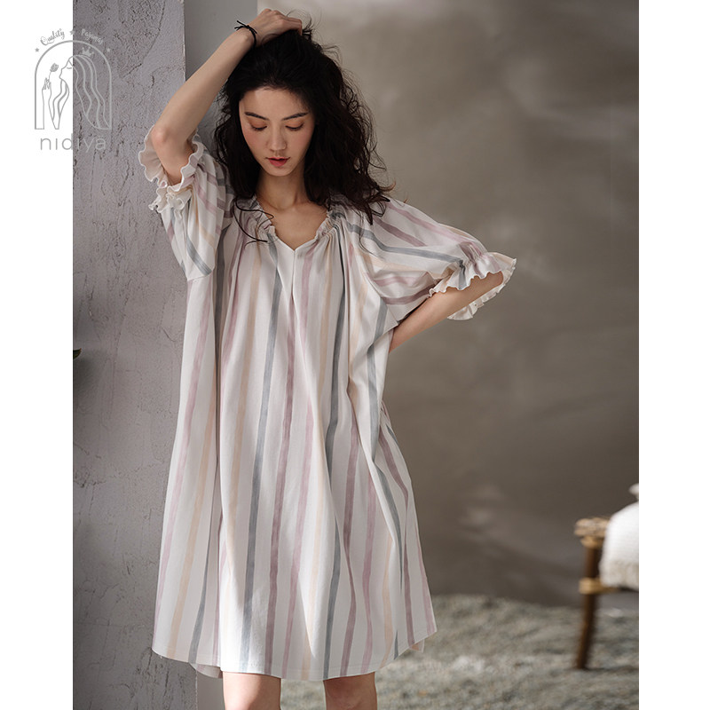 妮狄娅条纹夏季纯棉甜美私房睡裙 妮狄娅服饰睡裙
