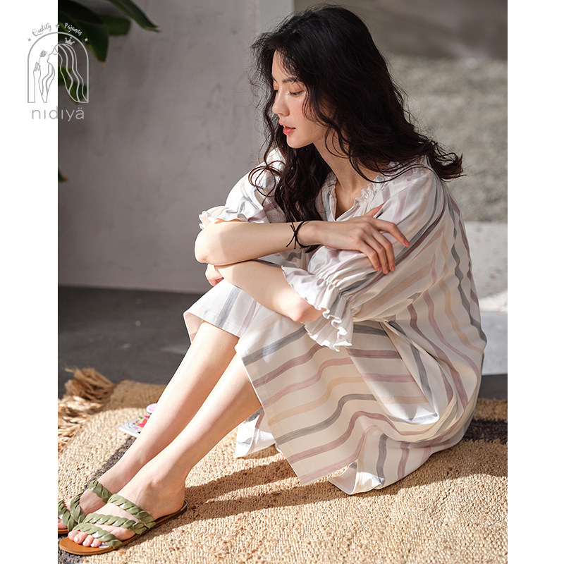 妮狄娅女士短袖纯棉条纹中长款睡裙 妮狄娅服饰睡裙