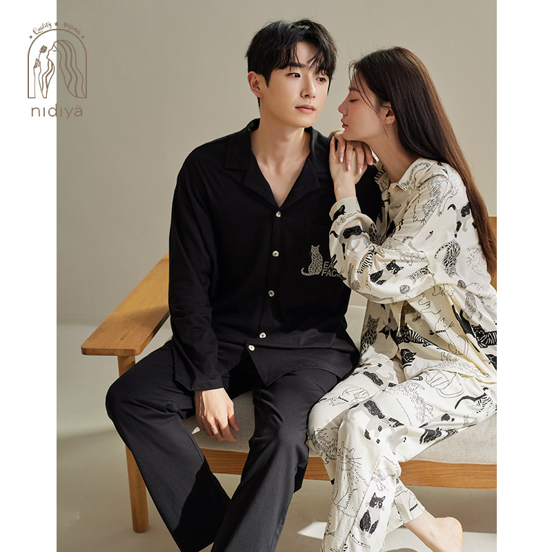 妮狄娅情侣睡衣女纯棉卡通长袖翻领男简约休闲开衫春秋家居服套装,淘宝优惠券,粉丝福利购,淘宝优惠卷