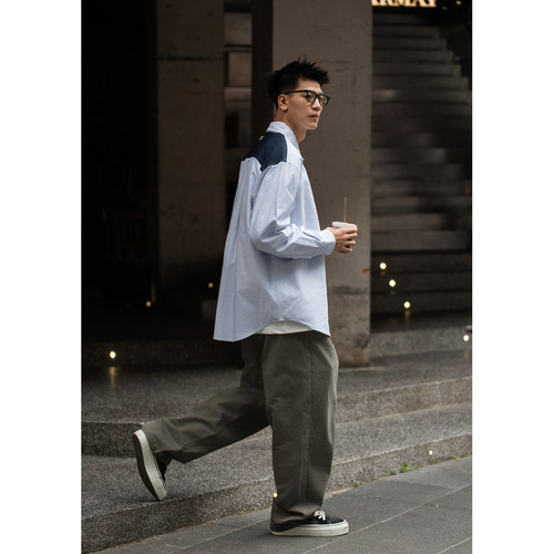 Batterup春秋新款日系cityboy蓝色条纹宽松纯棉拼接长袖衬衫男潮 - 图3