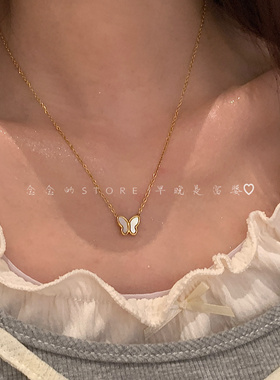 钛钢不掉色~天然贝母蝴蝶项链女