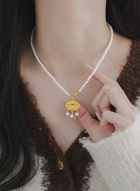 富贵气质珍珠平安锁流苏项链女~