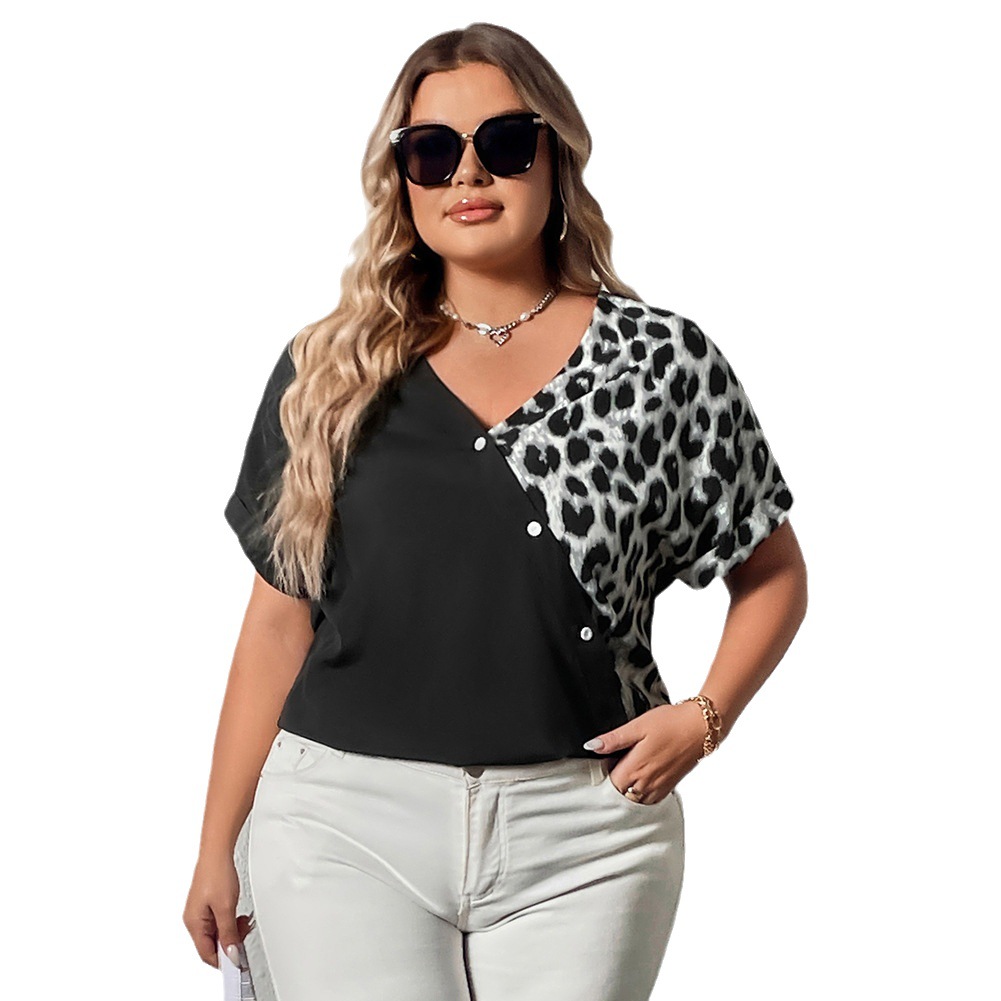 Plus Size Women Casual Top Leopard Print Color Block Blouse-图3